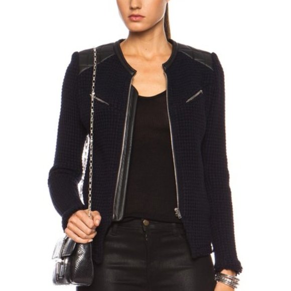 IRO Jackets & Blazers - IRO Navy Ceylona Waffle Knit Leather Trim